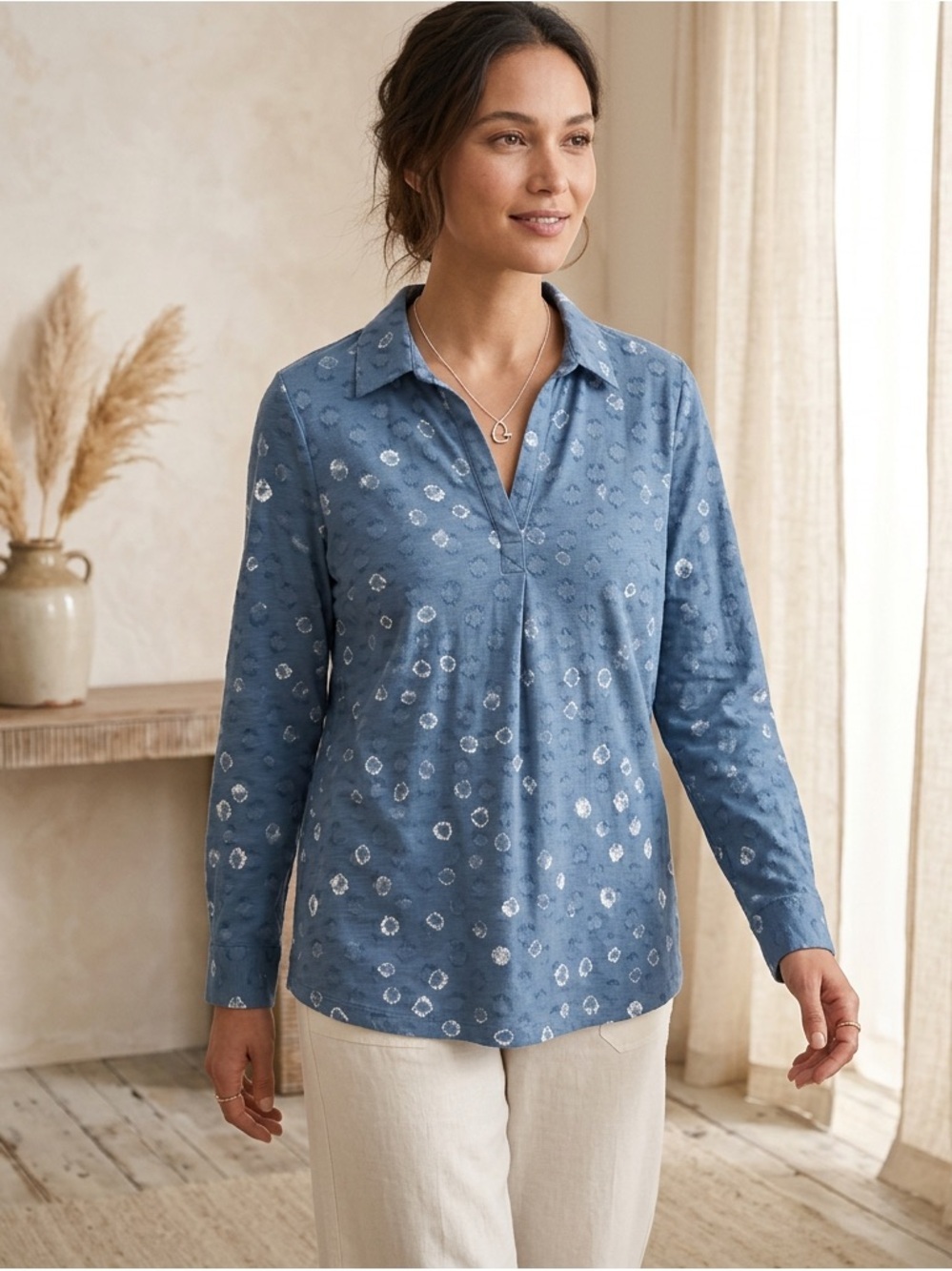 Pure Jill women's blue v neck long sleeve collared shirt Sz 8 petit 100% cotton.